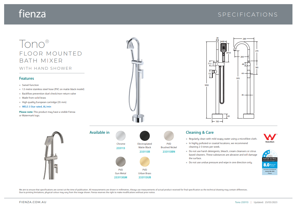 Fienza Tono Floor Mounted Bath Mixer With Hand Shower