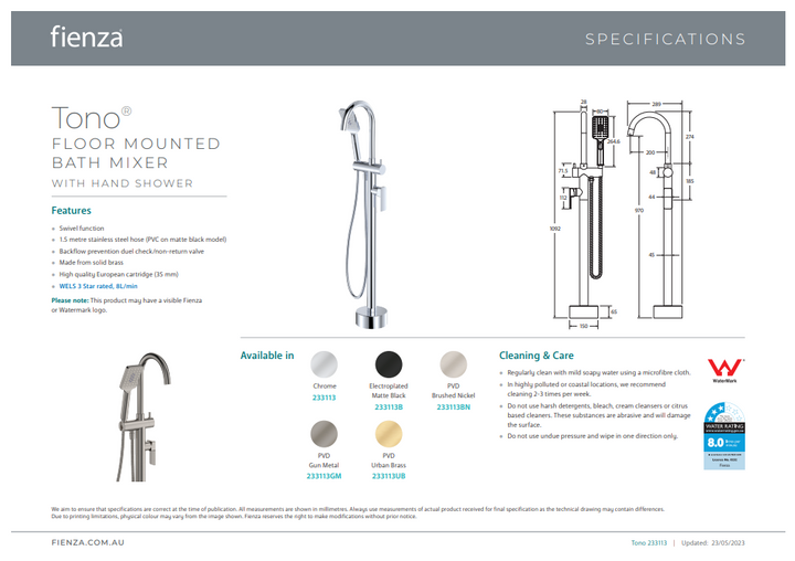 Fienza Tono Floor Mounted Bath Mixer With Hand Shower