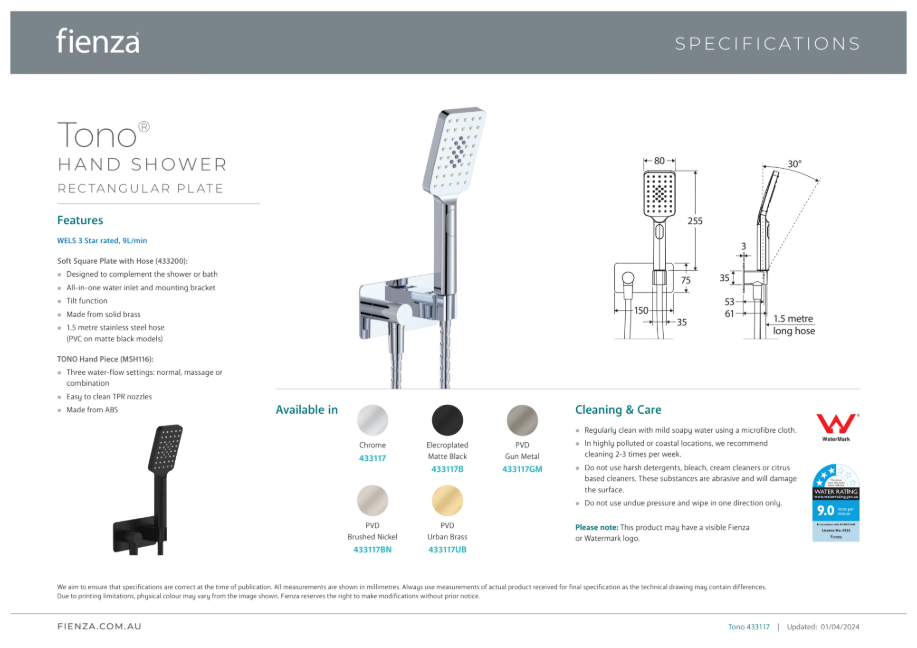 Fienza Tono Hand Shower, Rectangular Plate