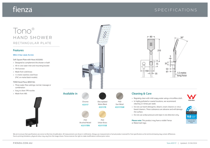Fienza Tono Hand Shower, Rectangular Plate