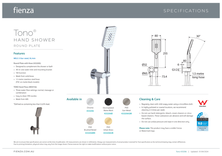 Fienza Tono Hand Shower, Round Plate