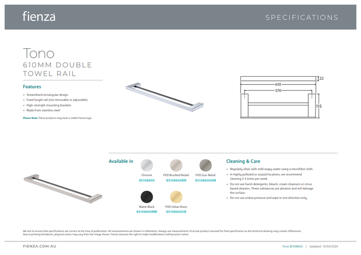 Fienza Tono Double Towel Rail, 610 mm