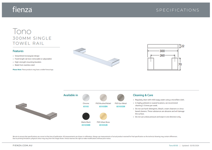 Fienza Tono Single Towel Rail, 300mm
