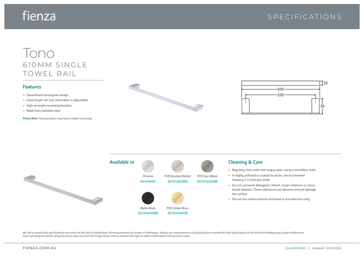 Fienza Tono Single Towel Rail, 610 mm