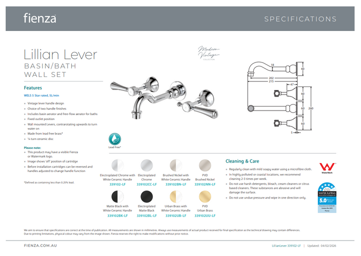 Fienza Lillian Lever Basin/Bath Wall Set