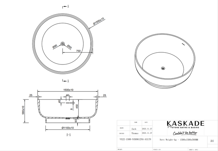Kaskade Aylin VX22 1500 Round Freestanding Stone Bath