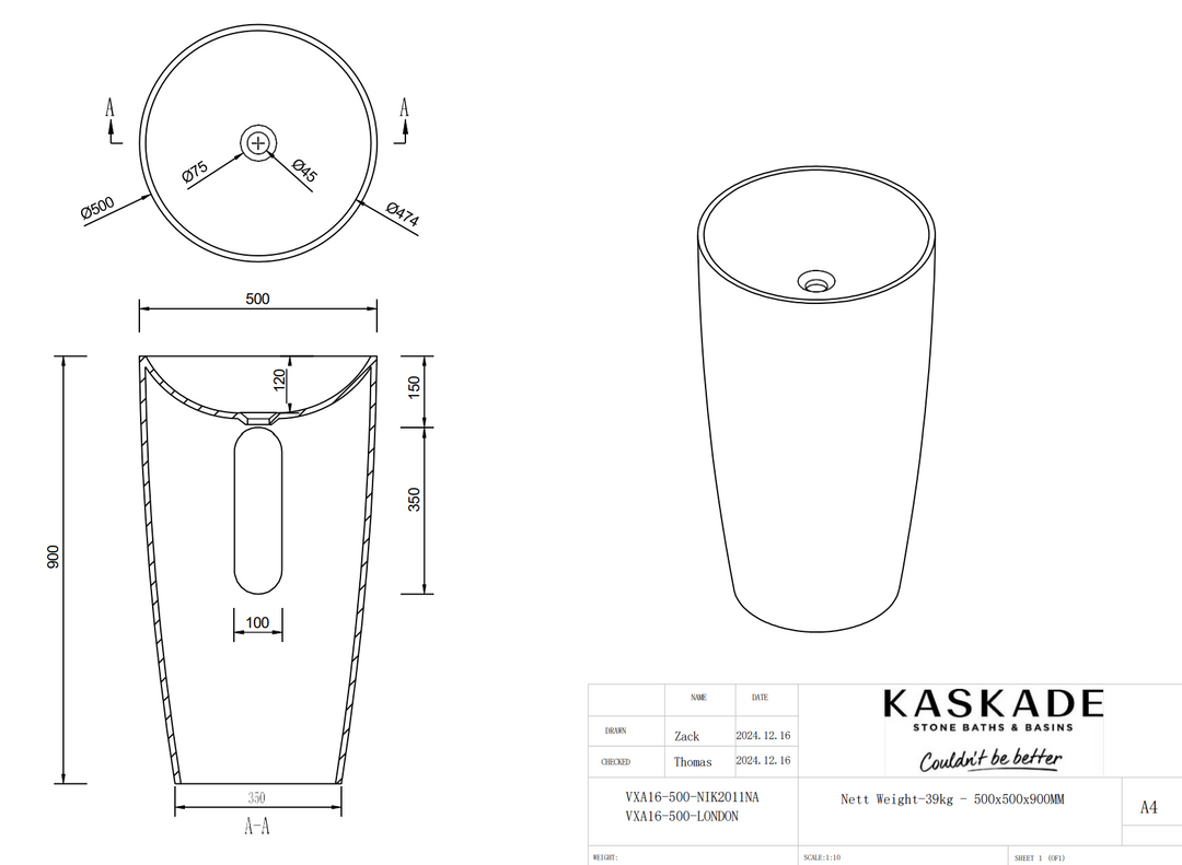 Kaskade London VXA16-500 CUT OUT Freestanding Stone Basin