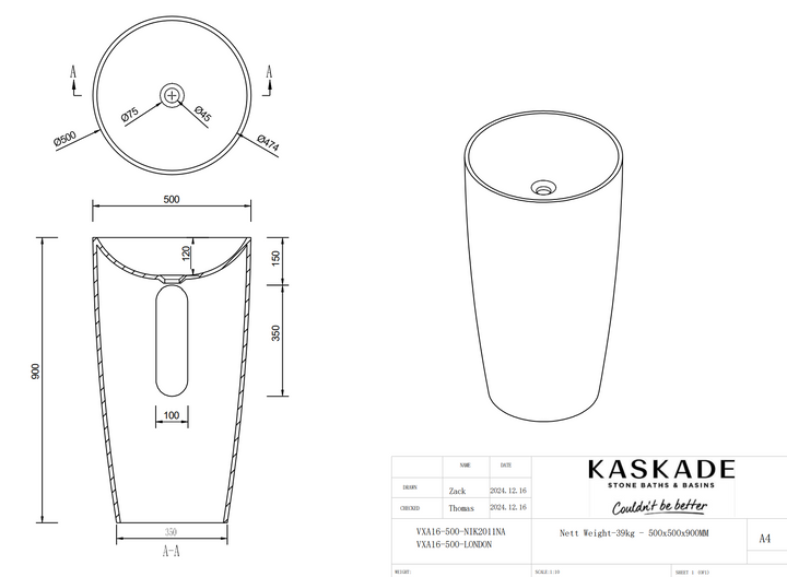 Kaskade London VXA16-500 CUT OUT Freestanding Stone Basin