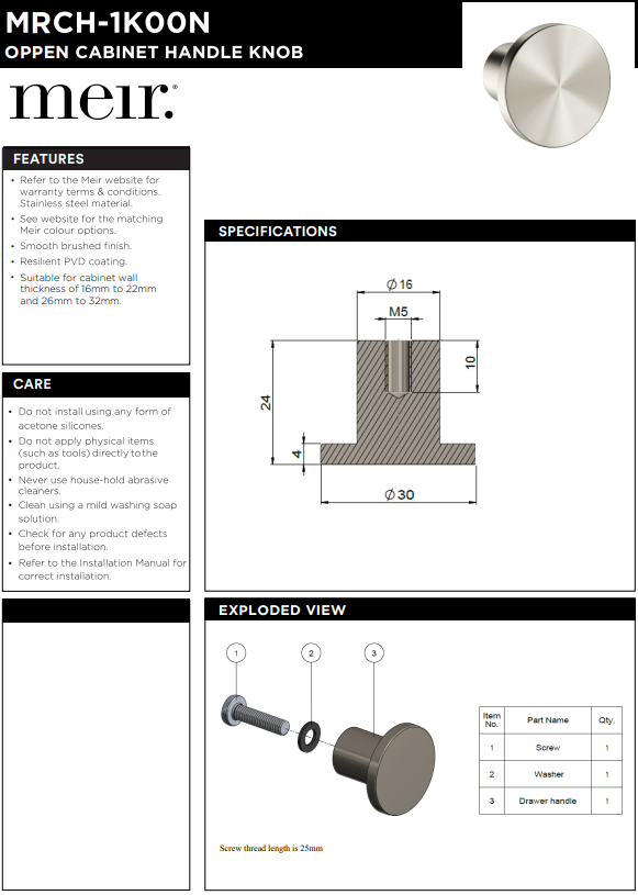 Meir Öppen Knob Cabinet Handle (Brushed)