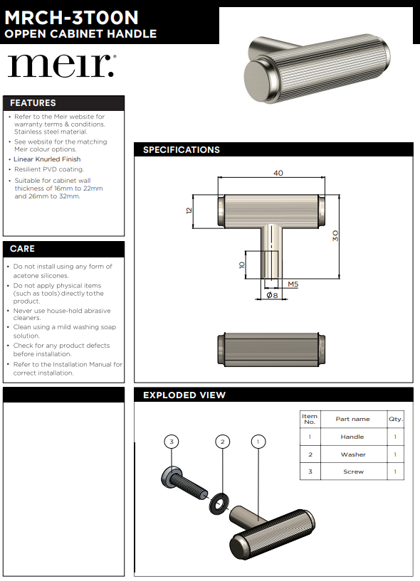 Meir Öppen T-Pull Cabinet Handle (Linear Knurled)