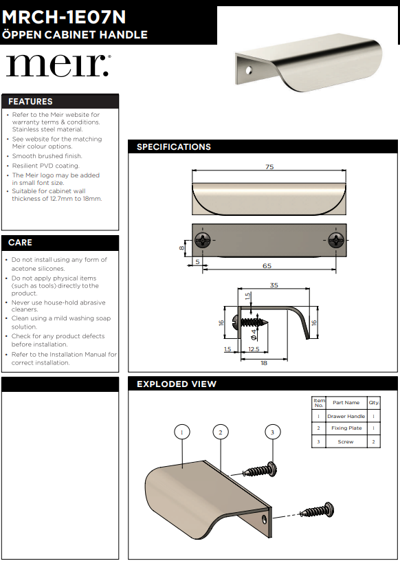 Meir Öppen Edge-Pull 75mm Cabinet Handle (Brushed)