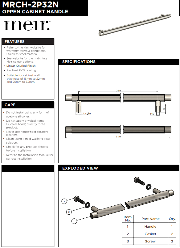Meir Öppen Round Pull 328mm Cabinet Handle (Linear Knurled)