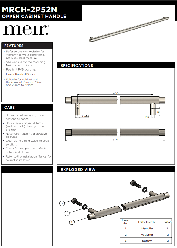 Meir Öppen Round Pull 520mm Cabinet Handle (Linear Knurled)
