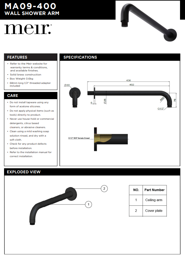 Meir Round Wall Shower Curved Arm 400mm