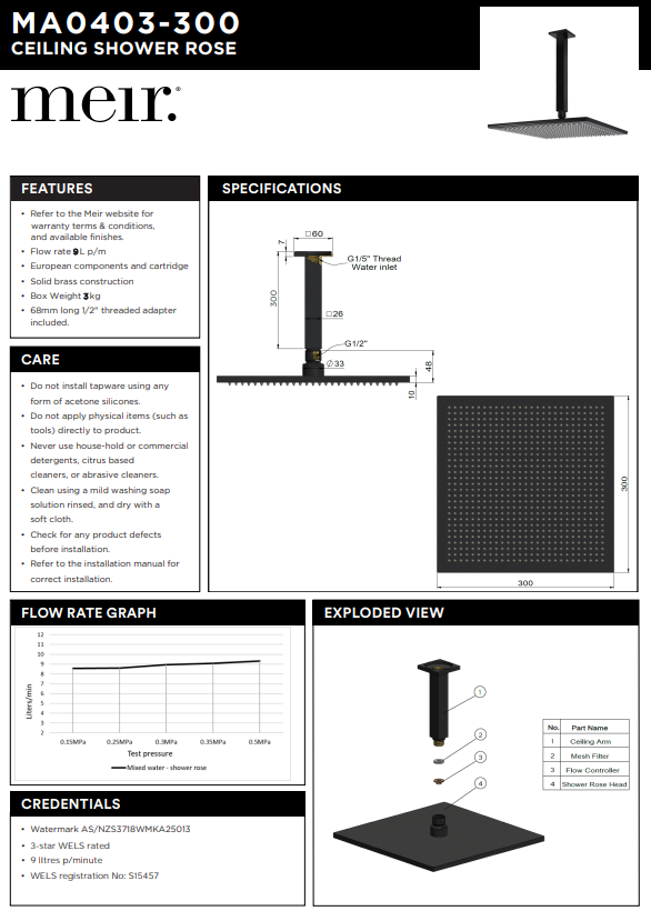 Meir Square Ceiling Shower 300mm Rose & 200mm Dropper
