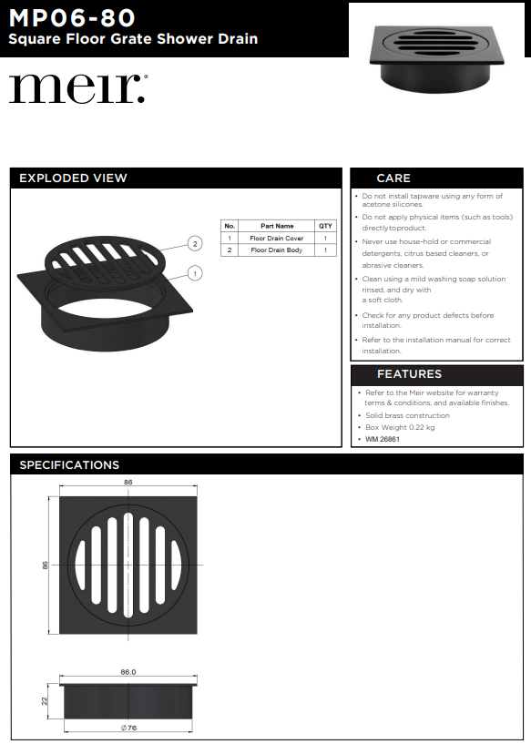 Meir Square Floor Grate Shower Drain 80mm Outlet