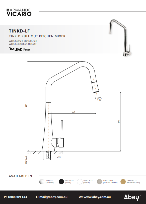 Abey TINK-D Kitchen Mixer With Pull-Out Lead Free