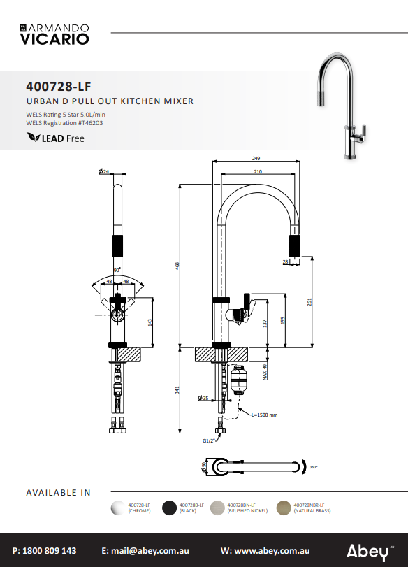 Abey Urban D Pull Out Kitchen Mixer Lead Free