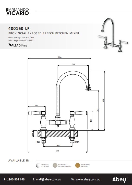 Abey Provincial Exposed Breach Kitchen Tap Lead Free