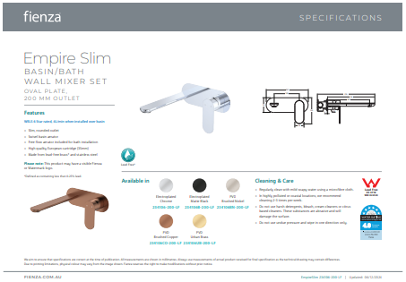 Empire Slim Basin/Bath Wall Mixer Set, Oval Plate, 200mm Outlet