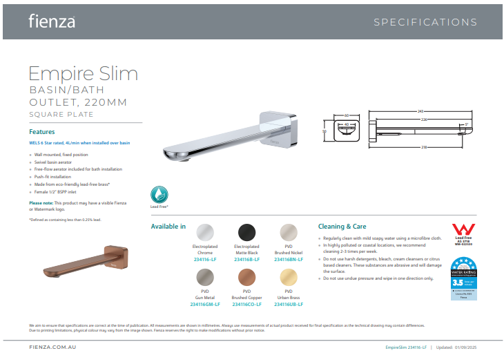 Fienza Empire Slim Basin/Bath Outlet, Square Plate, 220mm