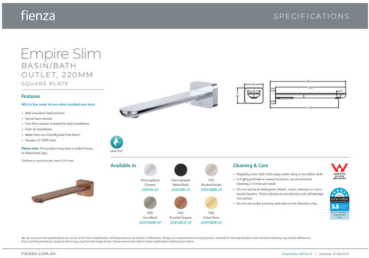 Fienza Empire Slim Basin/Bath Outlet, Square Plate, 220mm