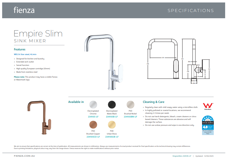 Fienza Empire Slim Sink Mixer