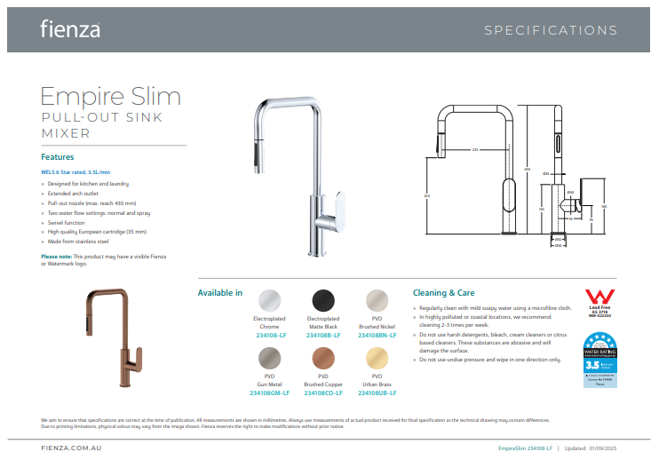 Fienza Empire Slim Curved Shower Arm Set