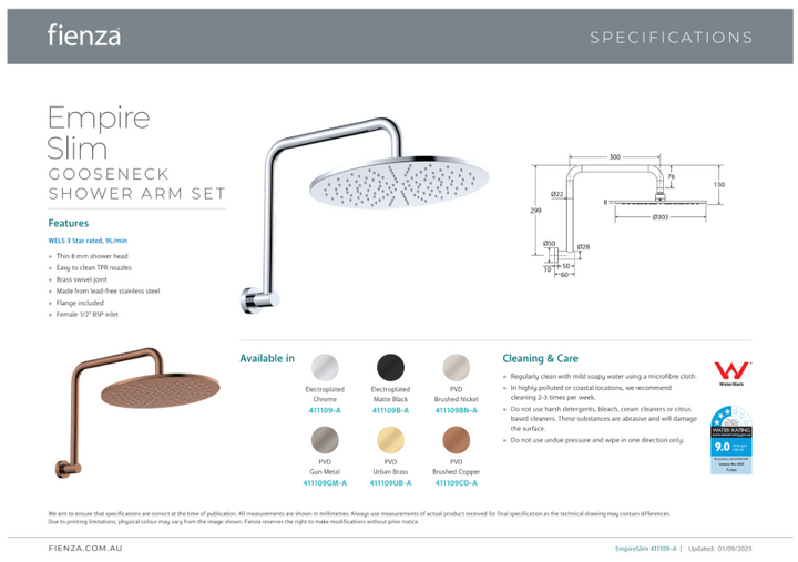 Fienza Empire Slim Gooseneck Shower Arm Set