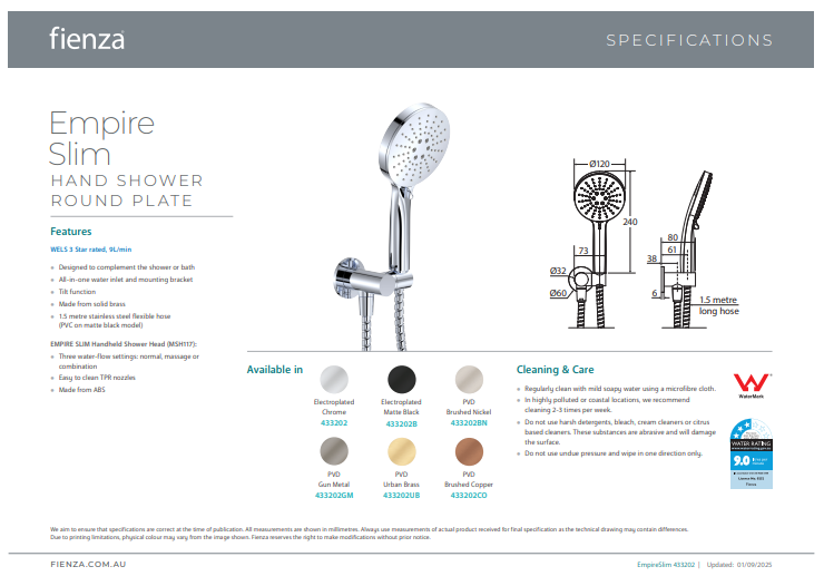 Fienza Empire Slim Hand Shower, Round Plate