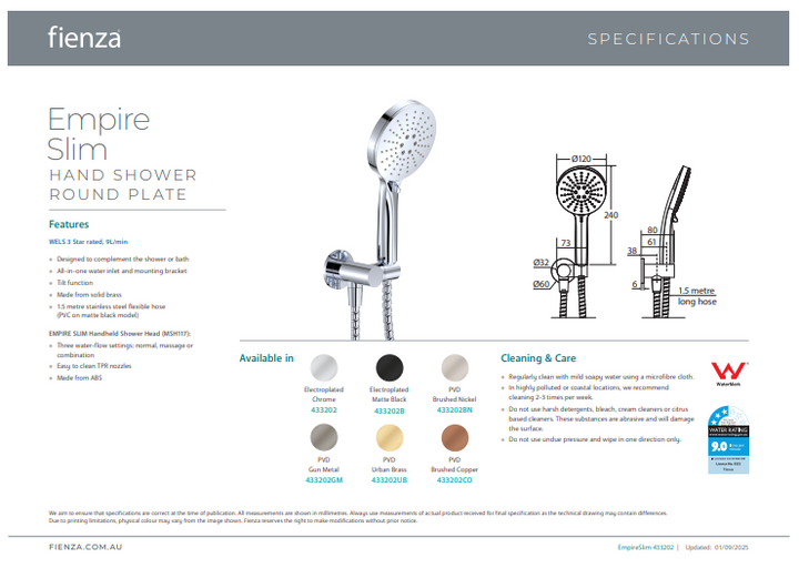 Fienza Empire Slim Hand Shower, Round Plate