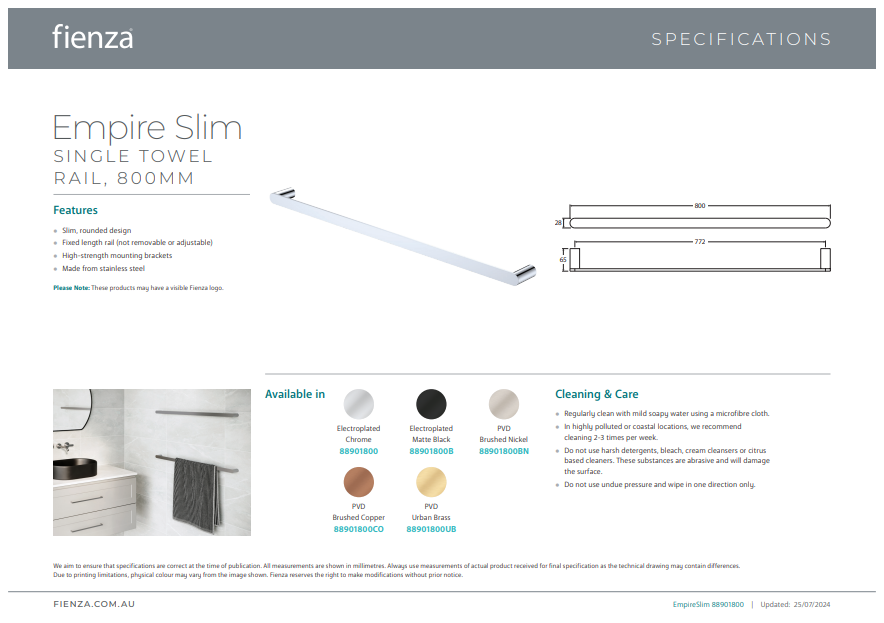Fienza Empire Slim Single Towel Rail, 800mm