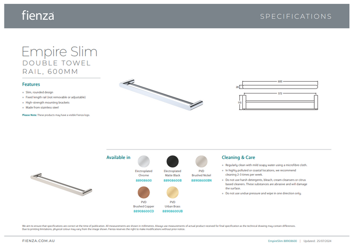 Empire Slim Double Towel Rail, 600mm