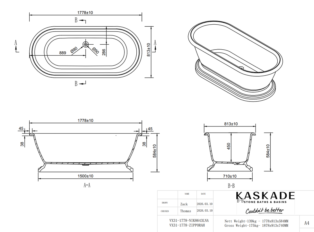 Kaskade Zipporah VX31 1778 Freestanding Stone Bath with Overflow