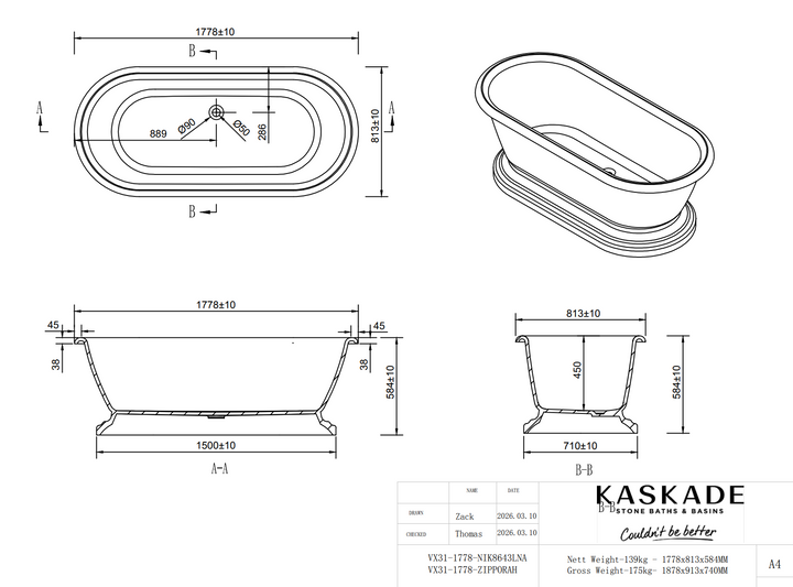 Kaskade Zipporah VX31 1778 Freestanding Stone Bath with Overflow