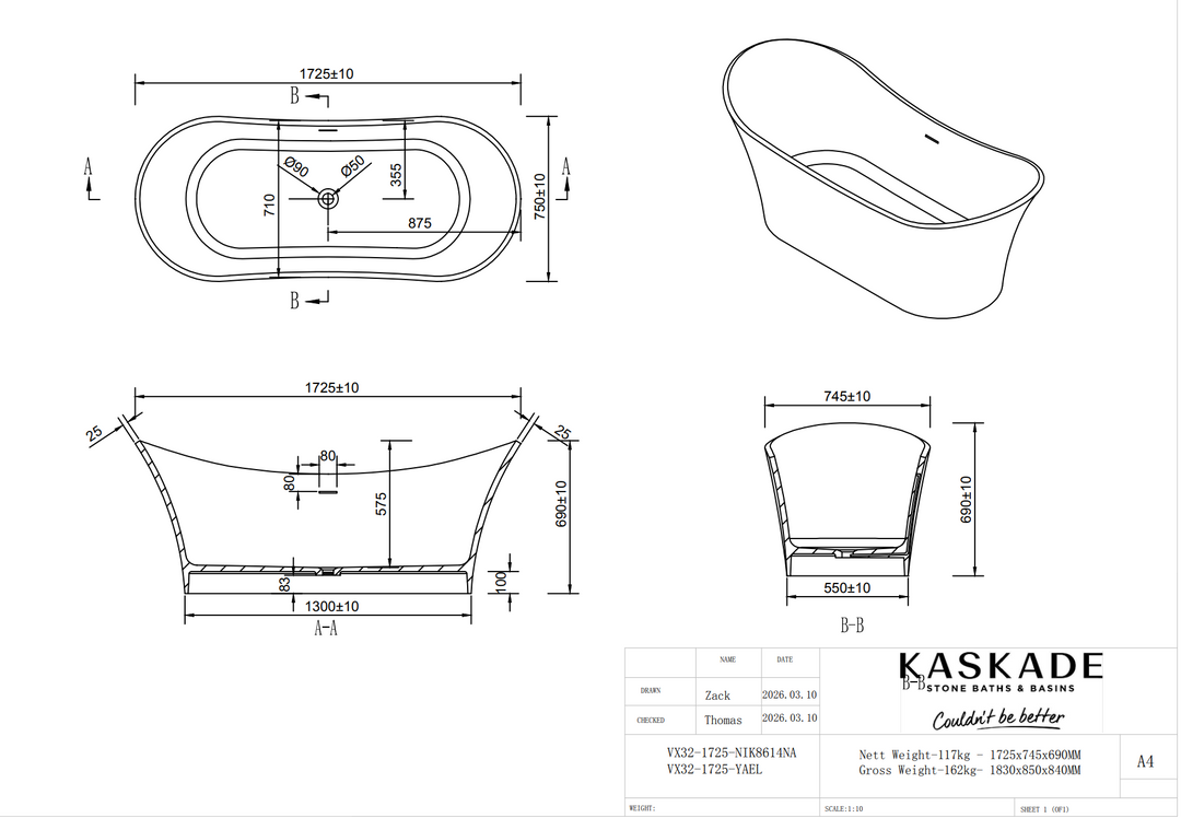 Kaskade Yael VX32-1725 Freestanding Stone Bath with Overflow