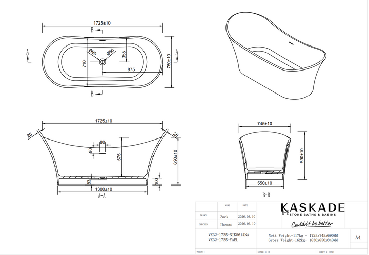 Kaskade Yael VX32-1725 Freestanding Stone Bath with Overflow