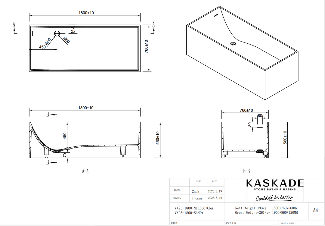 Kaskade Sandy VX23 1800 Freestanding Stone Bath with Overflow