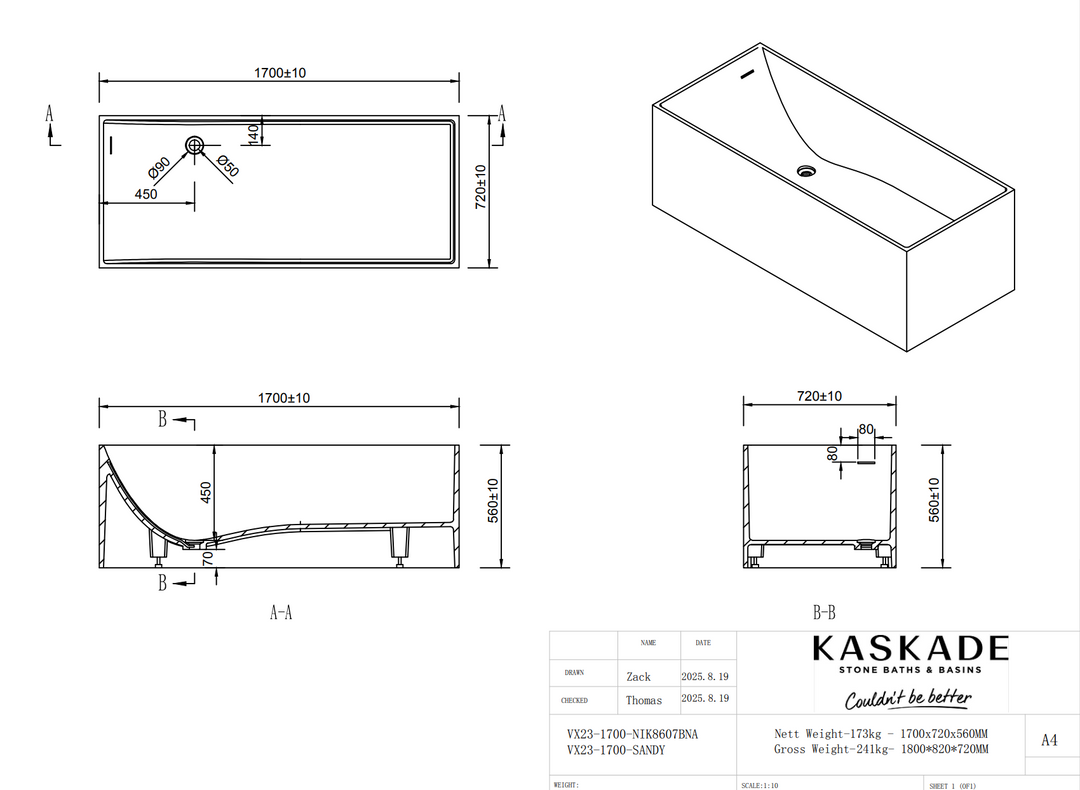 Kaskade Sandy VX23 1700 Freestanding Stone Bath with Overflow