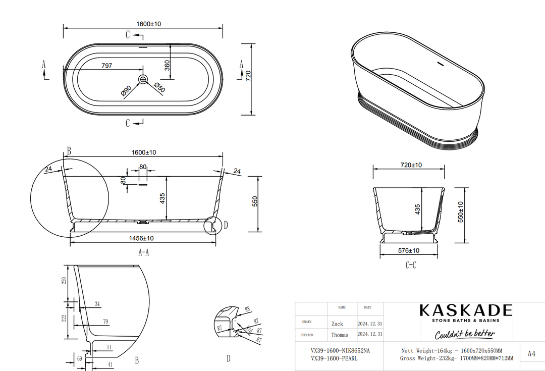 Kaskade Pearl VX39-1600 Freestanding Oval Stone Bath with Overflow