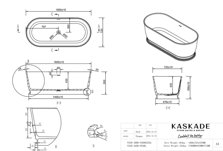 Kaskade Pearl VX39-1600 Freestanding Oval Stone Bath with Overflow