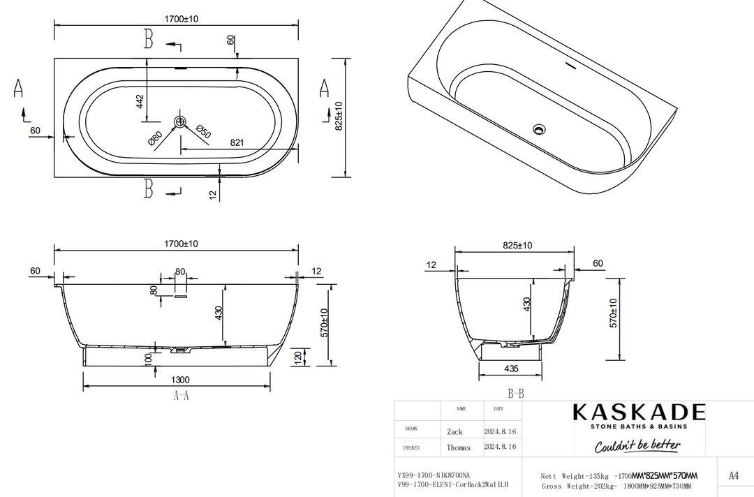 Kaskade Eleni VX99-1700 Corner Back to Wall Stone Bath Left Hand with Overflow