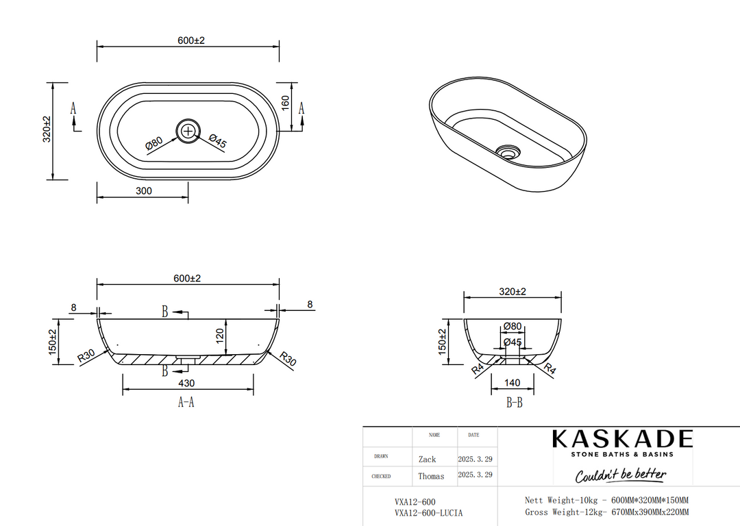 Kaskade Lucia VXA12 Benchtop Oval Stone Basin 600mm