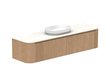 Bathroom vanity with white countertop and round sink on a white background