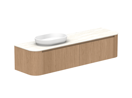 Bathroom vanity with white countertop and round sink on a white background