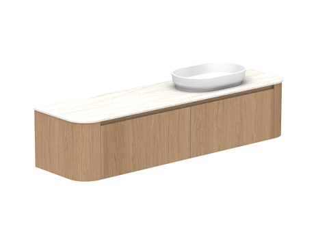 Bathroom vanity with white countertop and round sink on a white background