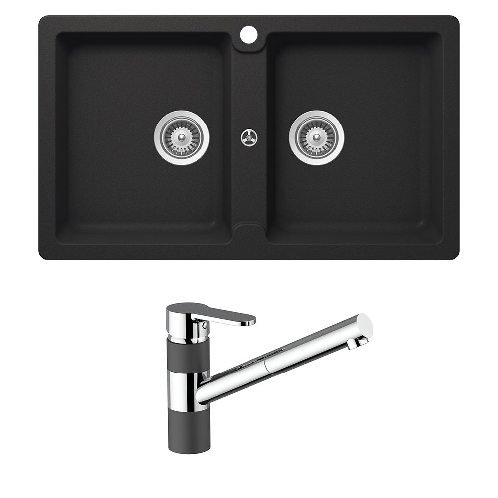 Abey Schock Typos Double Bowl &amp; 400710B Pull Out Kitchen Mixer Onyx