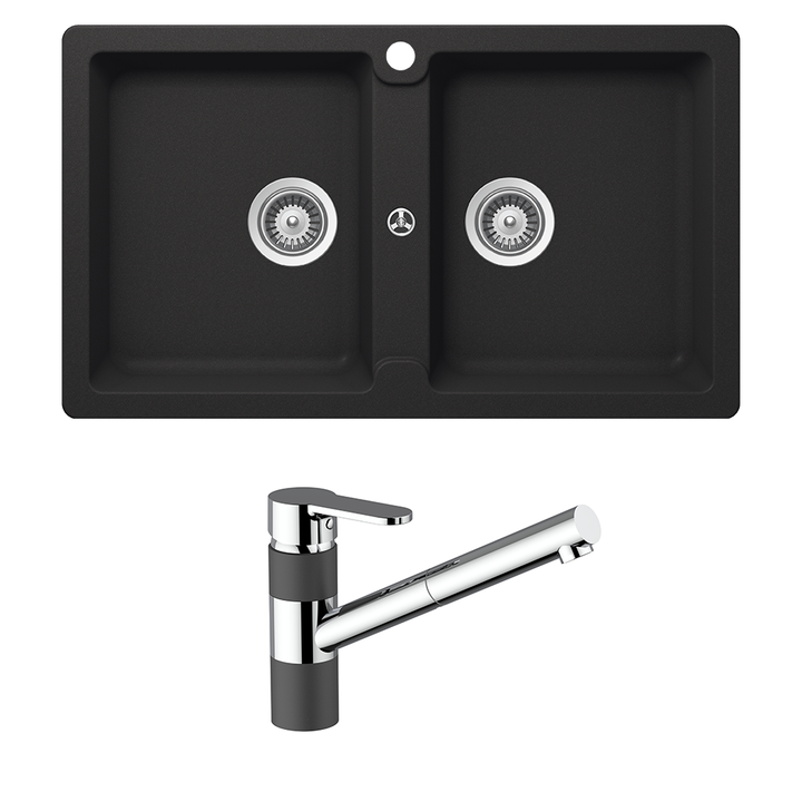 Abey Schock Typos Double Bowl &amp; 400710B Pull Out Kitchen Mixer Onyx