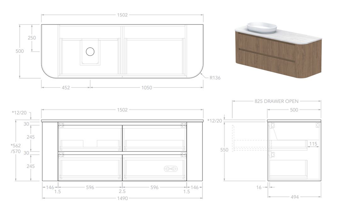 Adp Thea 1500 Wall Hung Vanity