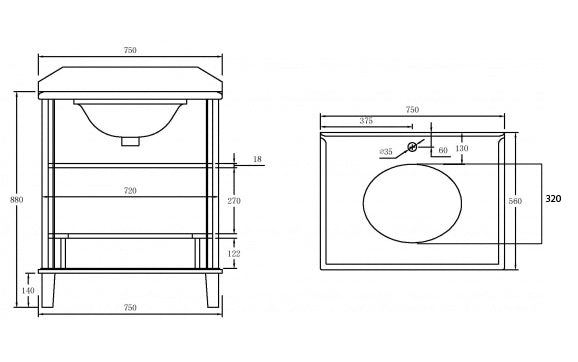 Turner Hastings Coventry 75 x 55 Satin White Vanity with Real Marble Top & Ceramic Undercounter Basin